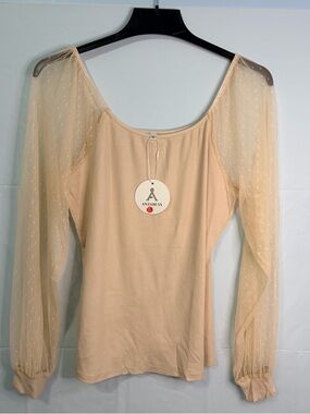 Anrabess Cream Scoop Neck Blouse with Sheer Dot Sleeves